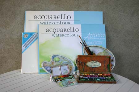Lukas watercolors,Fabriano blocks and stretched canvas in torchon